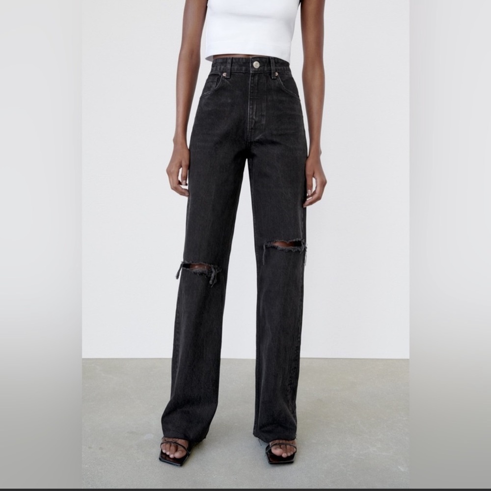 Zara Black High-Waist Wide-Leg Ripped Jeans